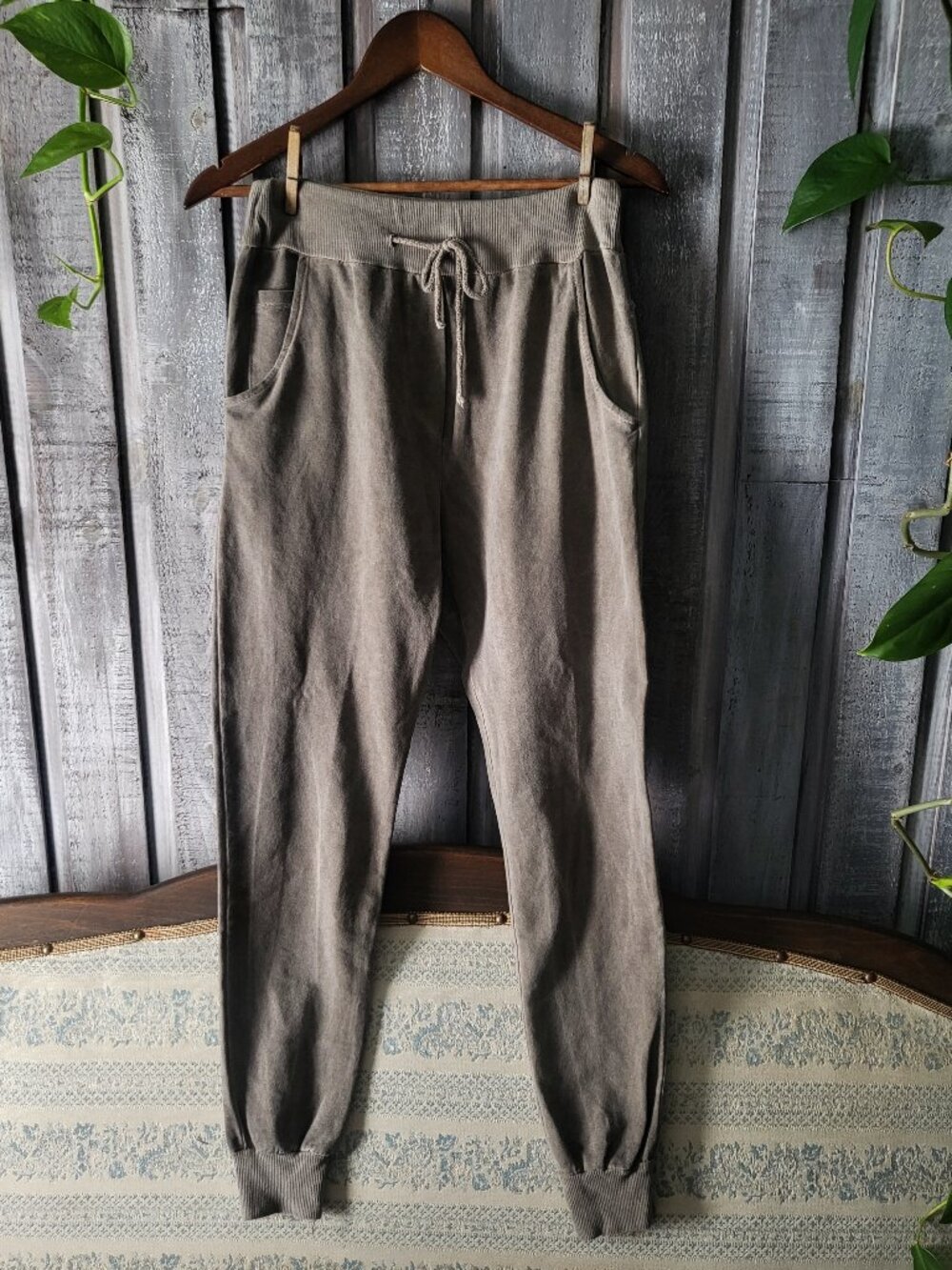 M Made in Italy Faded Brown Grey 100% Cotton Velour Joggers Pants Drawstring M